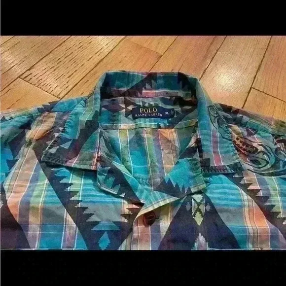 Polo Ralph Lauren Aztec/Hawaiian Plaid Shirt Short Sleeve Button Up Mens Size XL - Picture 7 of 15